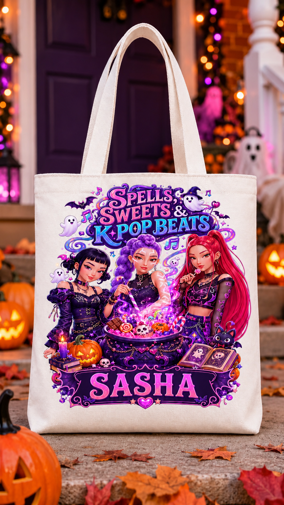 Spells, Sweets & K-Pop Beats Personalized Trick-or-Treat Tote